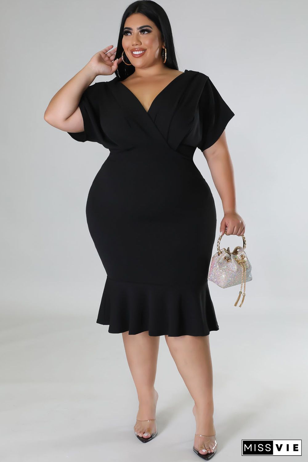 Black Plus Size Pleated V Neck Ruffle Hem Bodycon Dress