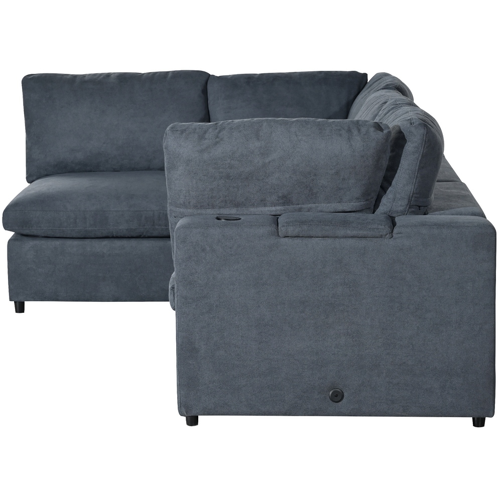 Built in Bluetooth Upholstered Sofa Movable Sectional Sofa Set with USB Charge Ports and Removable Cushions for Living Room