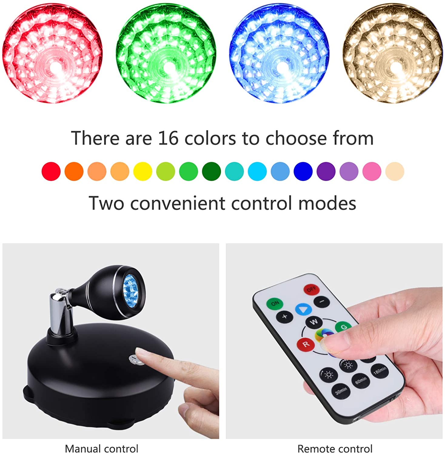 LEASTYLE LED Spot Light Indoor， Battery Operated Led Light Stick up Lights with Remote， Mini Wireless Spotlight Dimmable Accent Lights for Lighting up Paintings Pictures(RGB 2 Pack)