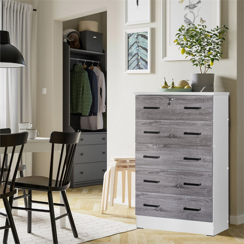 Better Home WC5-Wht-Gry Cindy 5 Drawer Chest Wooden Dresser with Lock, White & Gray