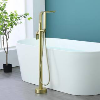 Miscool 1-Handle Freestanding Floor Mount Roman Tub Faucet Bathtub Filler with Hand Shower in Brushed Gold SHSMDH10C007BGH