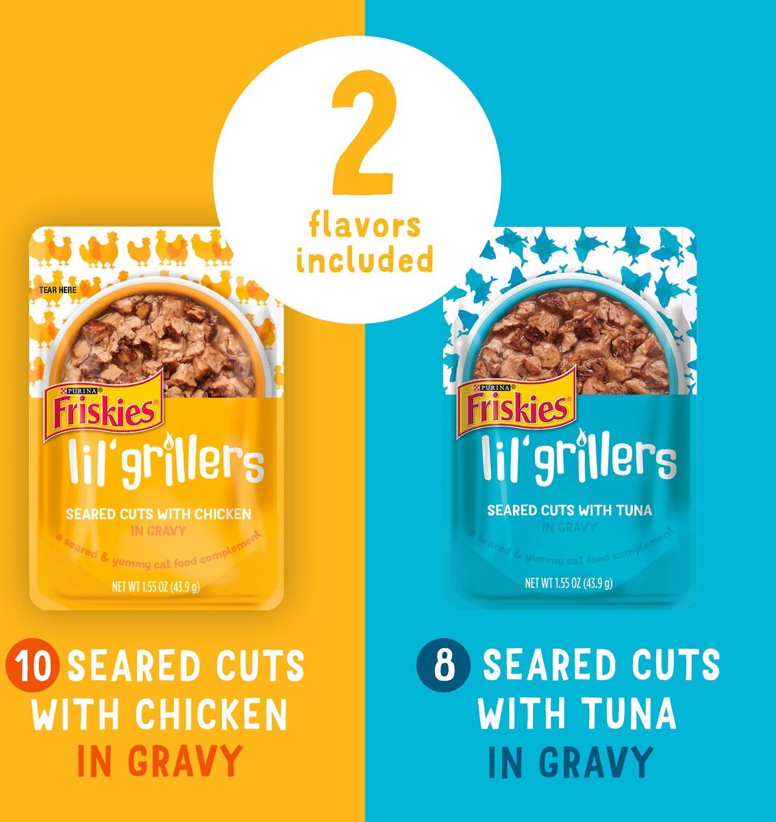 Friskies Lil' Grillers Seared Cuts With Chicken and Tuna in Gravy Variety Pack Wet Cat Food， 1.55-oz pouch， case of 18