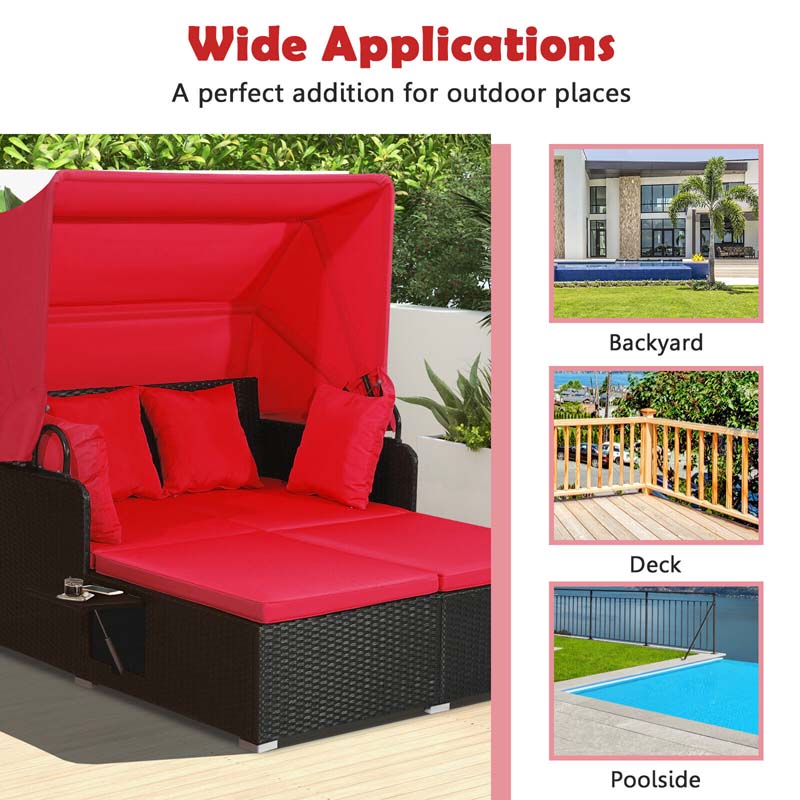 Hand-Woven Rattan Patio Daybed with Retractable Canopy & Side Tables, Outdoor Double Conversation Sunbed