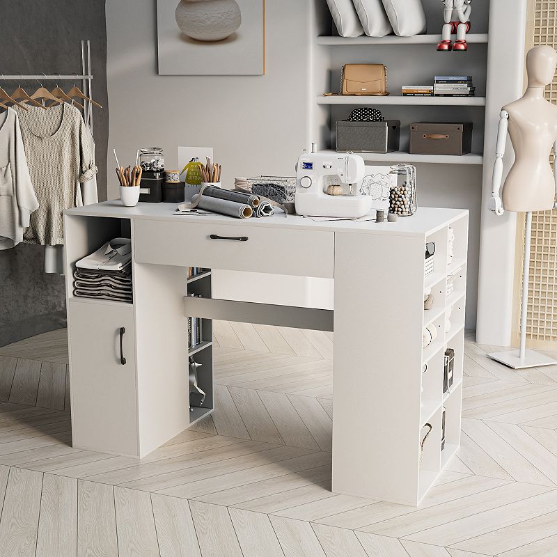 Counter Height Sewing Craft Table Computer Desk With Adjustable Shelves And Drawer-white