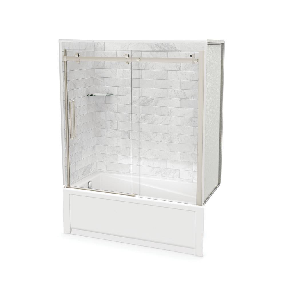 MAAX Utile 32 in. x 60 in. x 81 in. Bath and Shower Combo in Marble Carrara New Town Left Drain Halo Door Brushed Nickel 106911-307-508-100