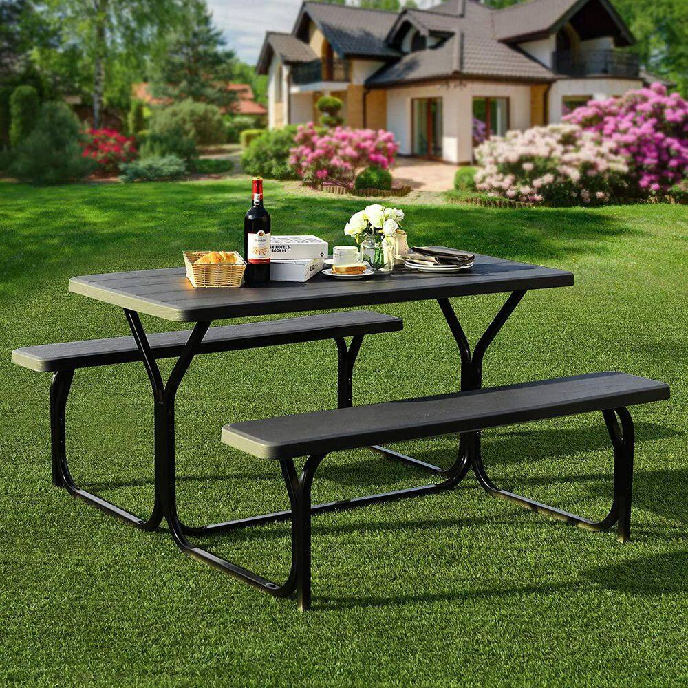 Alpulon Black All-Weather Metal Outdoor Picnic Table Bench Set with Metal Base Wood ZMWV521-B