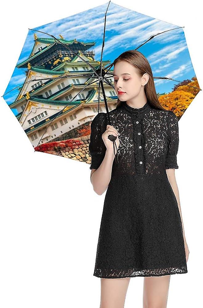 Colourlife Travel Umbrella Castle In Osaka With Autumn Leaves Automatic Windproof Foldable Umbrella For Sun and Rain