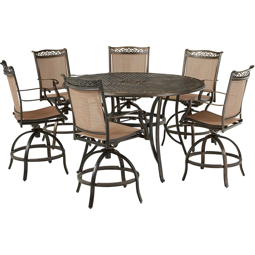 Hanover Fontana 7 Piece High Dining Set with 6 Counter Height Swivel Chairs and a 56 in. Cast Top Table