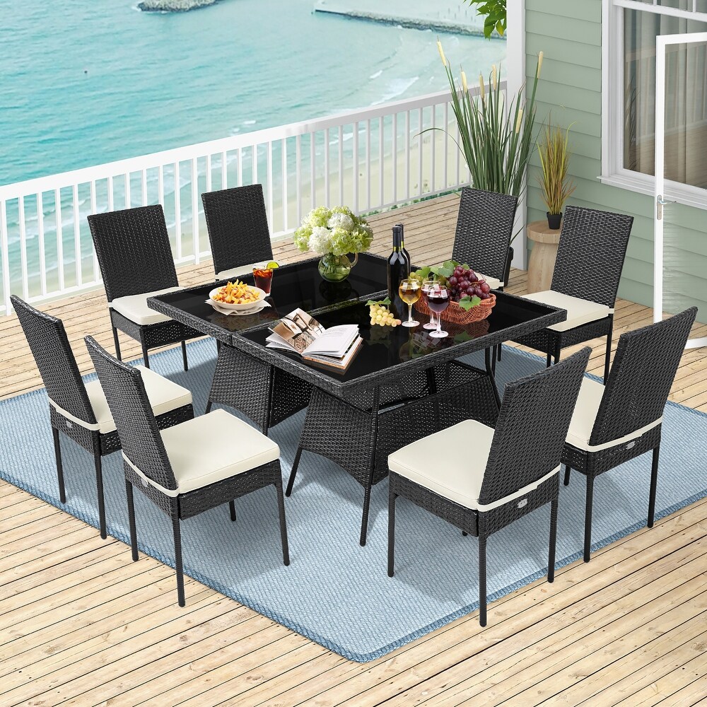 Costway 10PCS Patio Rattan Dining Set Cushioned Chair Table with Glass   See Details