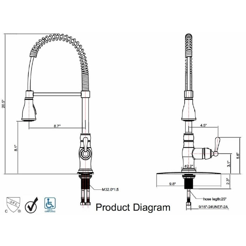 Ultra Faucets UF17103 Stainless Steel Single-Handle Kitchen Faucet With Pull-Down Spray