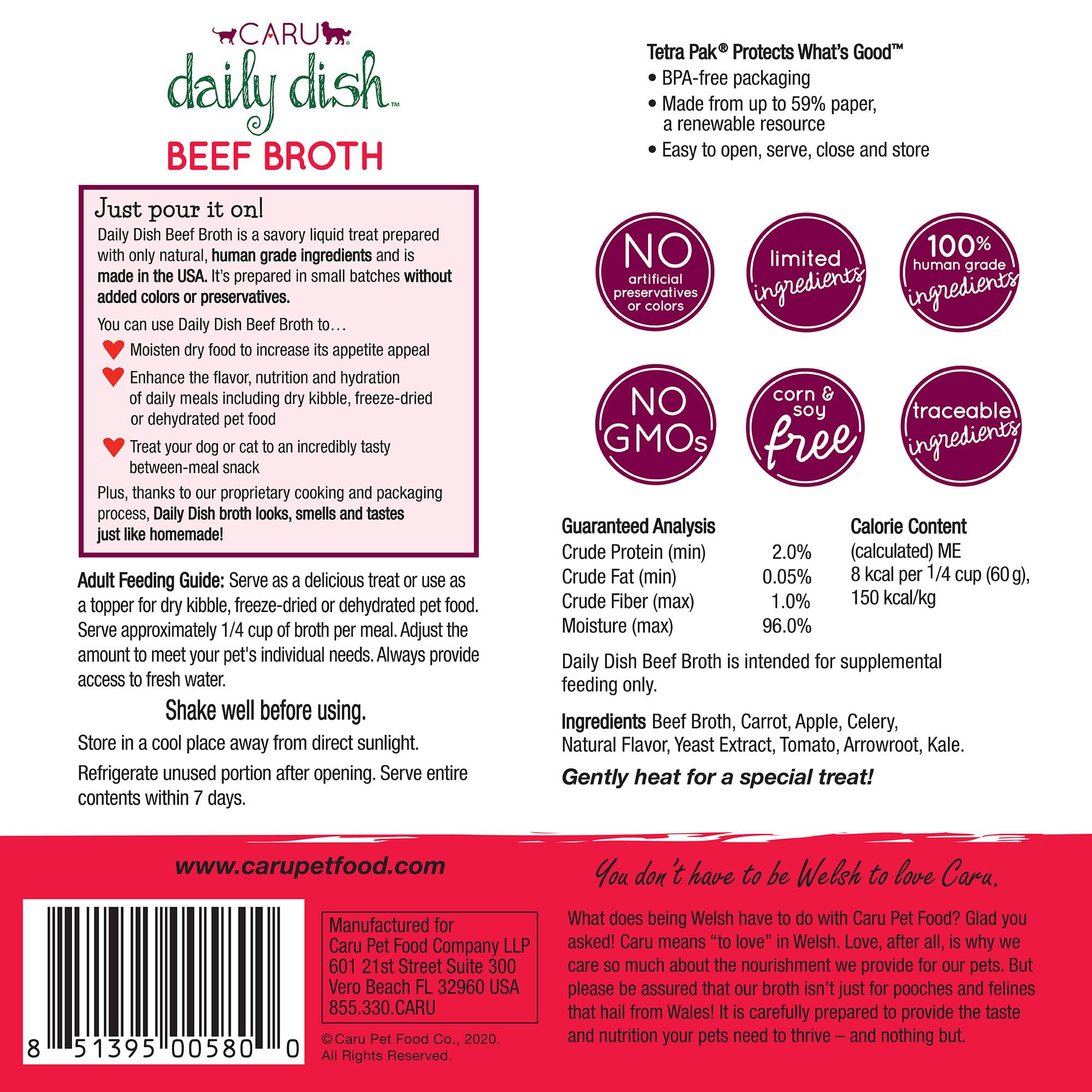 CARU Daily Dish Beef Broth Meal Topper for Cats  Dogs， 17.6 oz.