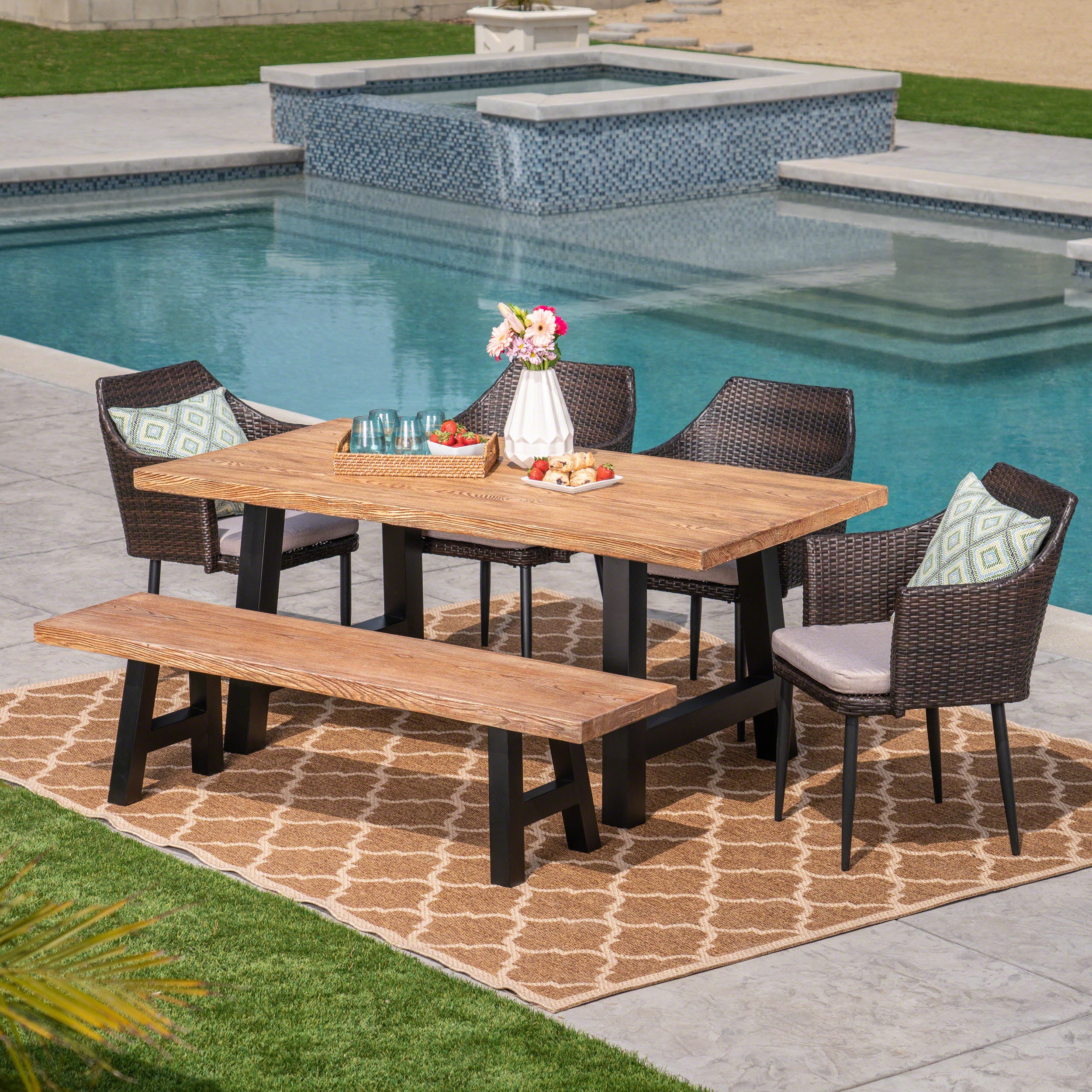 Blanche Outdoor 6 Piece Multibrown Wicker Dining Set with Natural Oak Finish Light Weight Concrete Table and Bench and Textured Beige Water Resistant Cushions