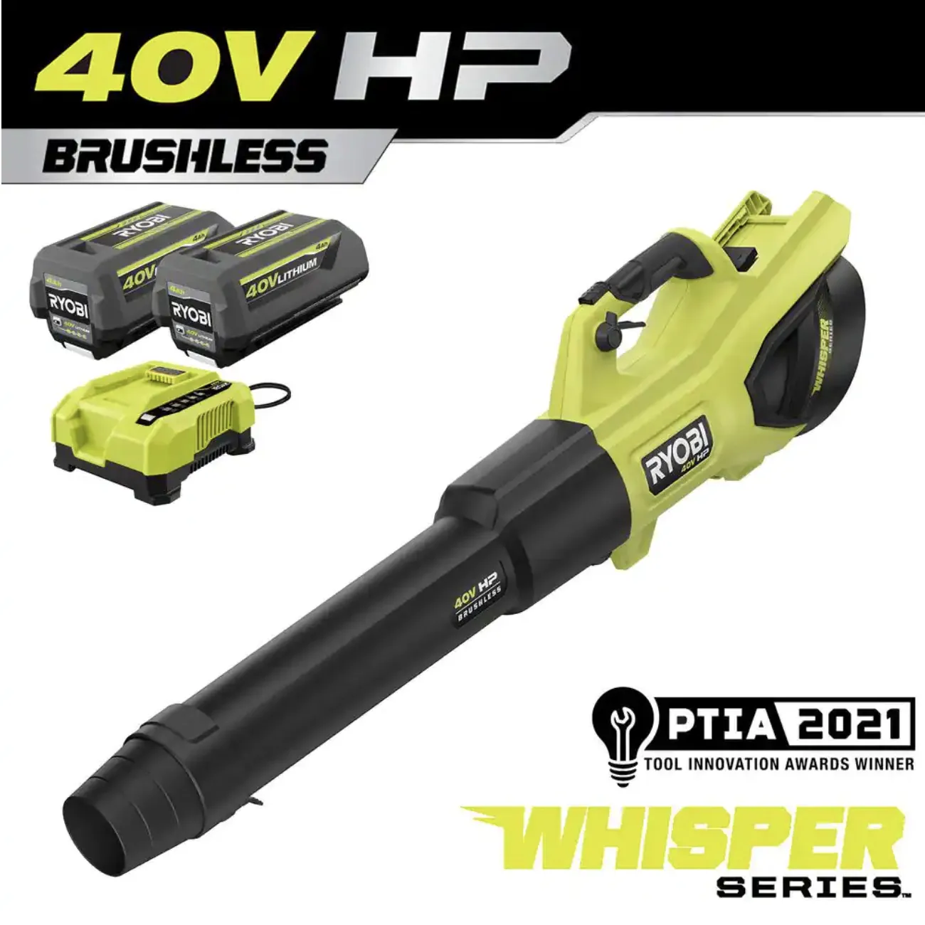 Ryobi 40V HP Brushless Whisper Series 190 MPH 730 CFM Cordless Battery Jet Fan Leaf Blower with (2) 4.0 Ah Batteries and Charger