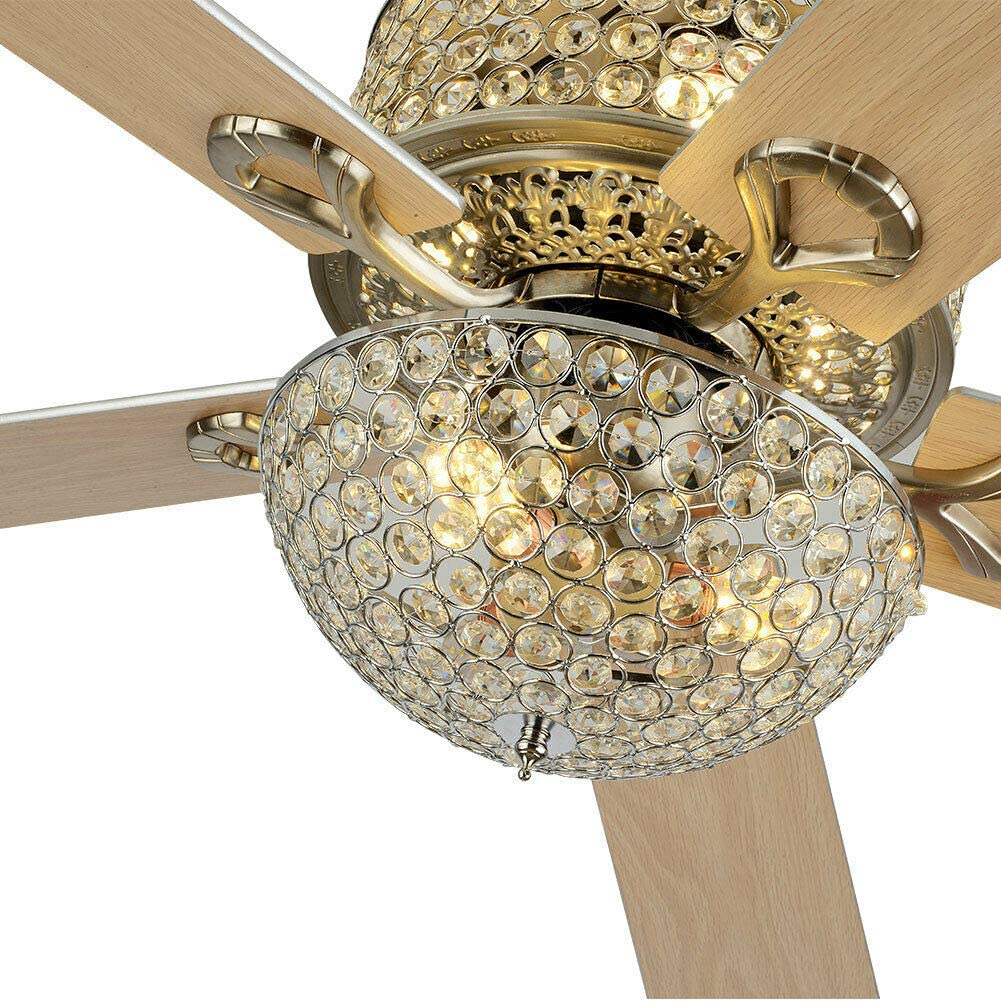 Anqidi 52 Inch Crystal Ceiling Fan Light Modern Gold Pendant Fan Lamp 5-Blades 3-Speed Ceiling Fan Chandelier with Remote