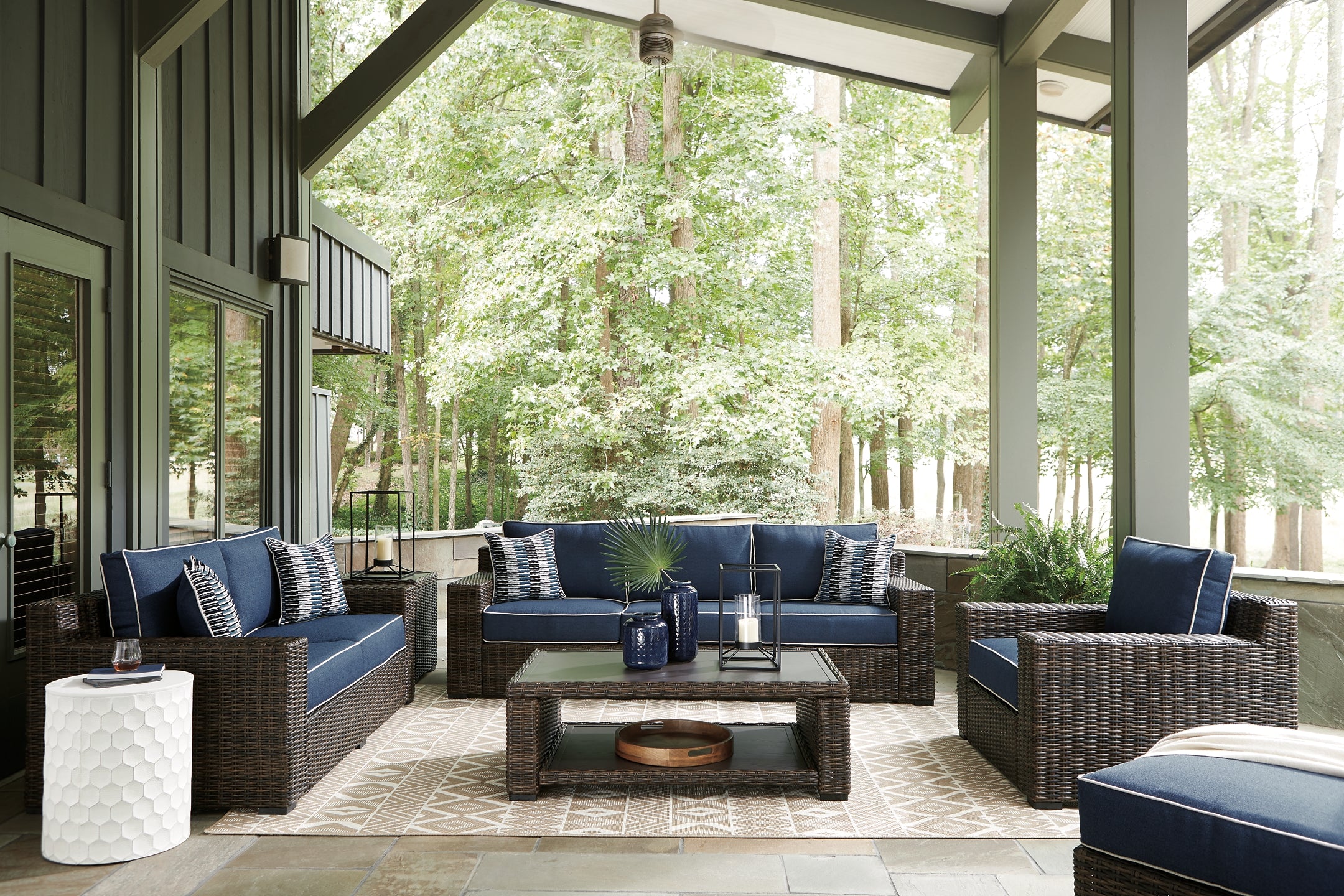 Grasson Lane Outdoor Sofa, Loveseat, Lounge Chair and Ottoman with Coffee Table and End Table