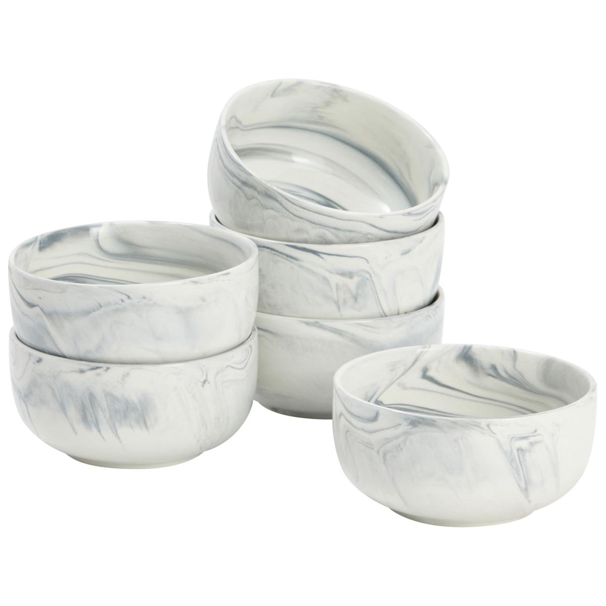 Set of 6 Marble Gray Porcelain Bowls for Soup， Kitchenware， 6 x 3 in， 28 oz