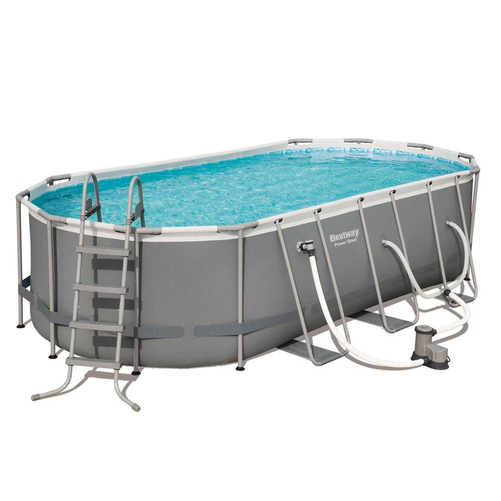 Bestway 18 ft. x 9 ft. Oval 48 in. Deep Metal Frame Above Ground Outdoor Swimming Pool Set 56711E-BW