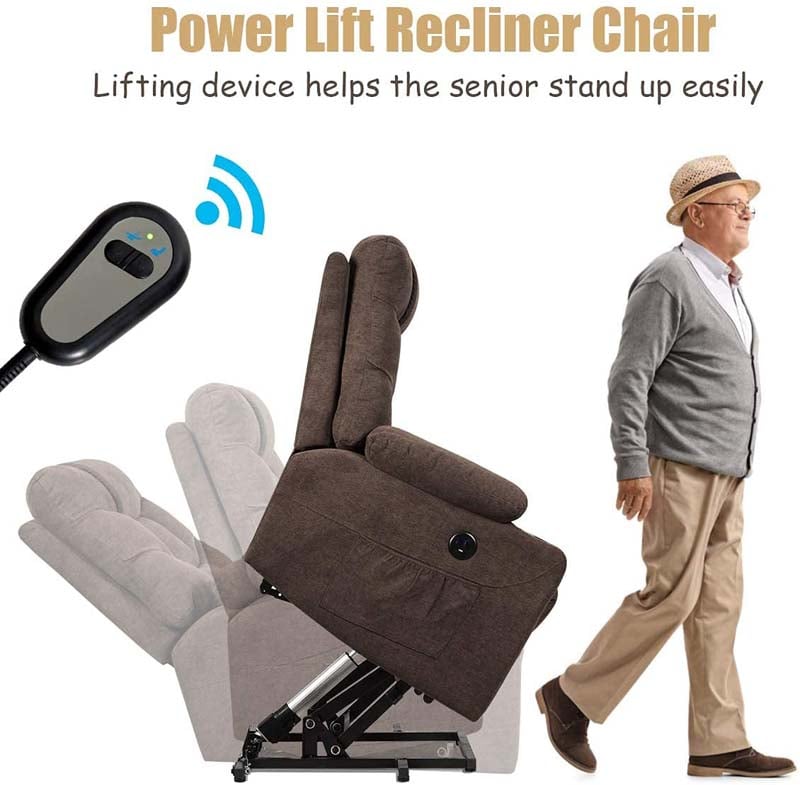 Heated Power Lift Recliner Fabric Massage Reclining Sofa, Elderly Lift Chair with 8 Point Massage, 2 Side Pockets Cup Holders, USB Port