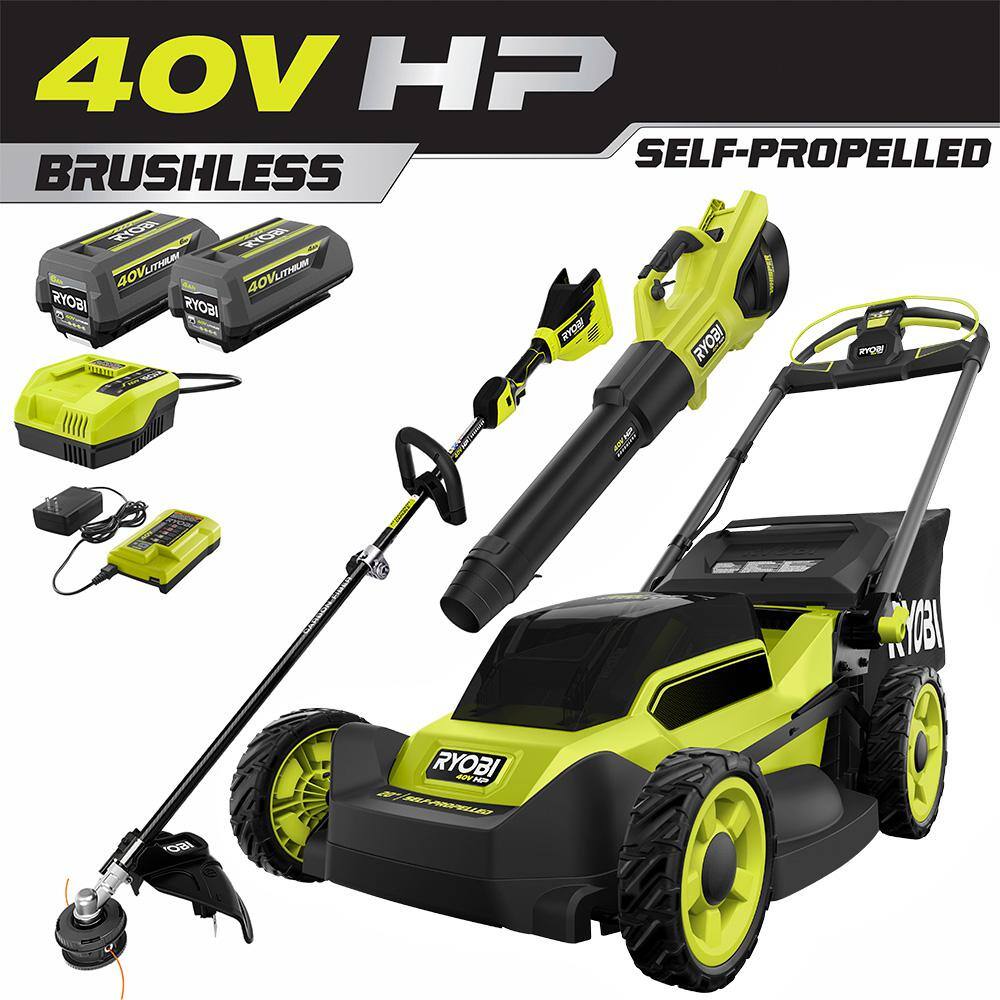 RYOBI 40V HP Brushless 20 in. Cordless Battery Walk Behind Self-Propelled Mower Trimmer Blower with Batteries and Chargers RY401180-3X