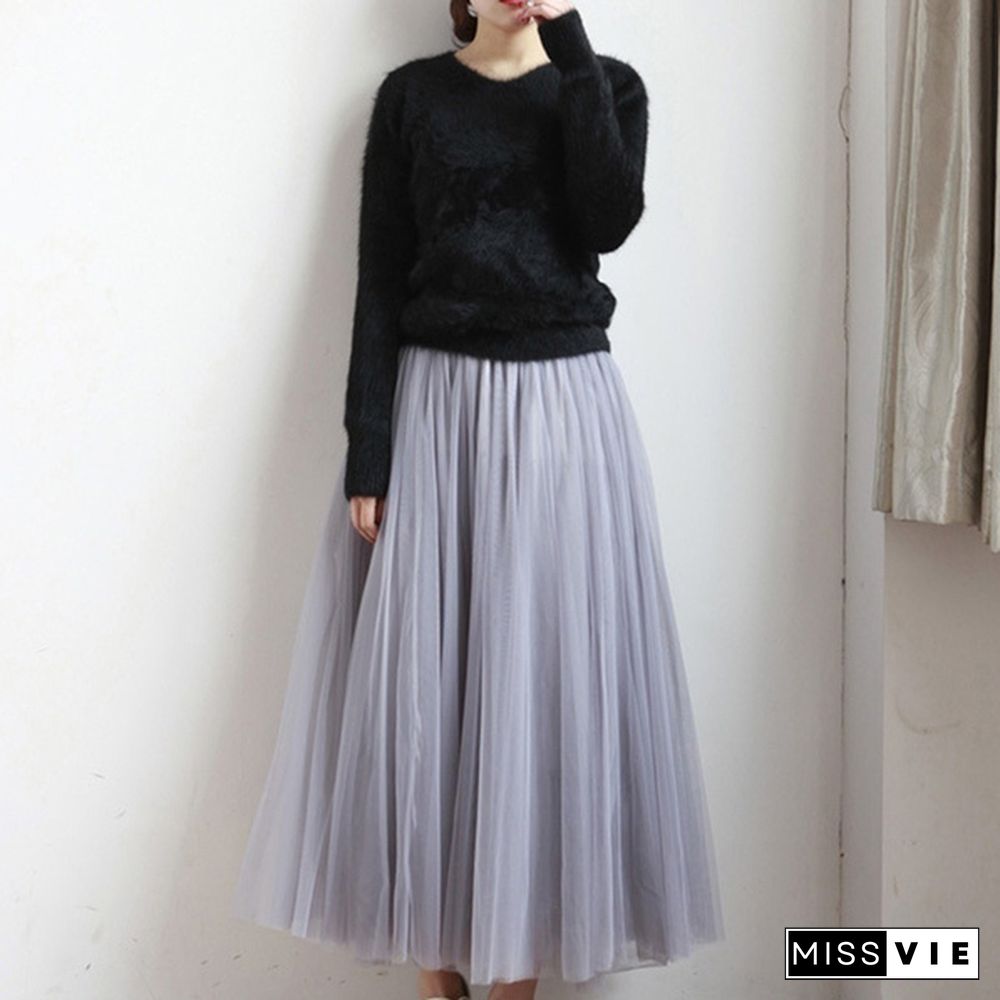 Three-Layer Fashion Tulle Skirts Women Summer Elastic High Waist Long Mesh Skirt Tutu Maxi Pleated Skirt