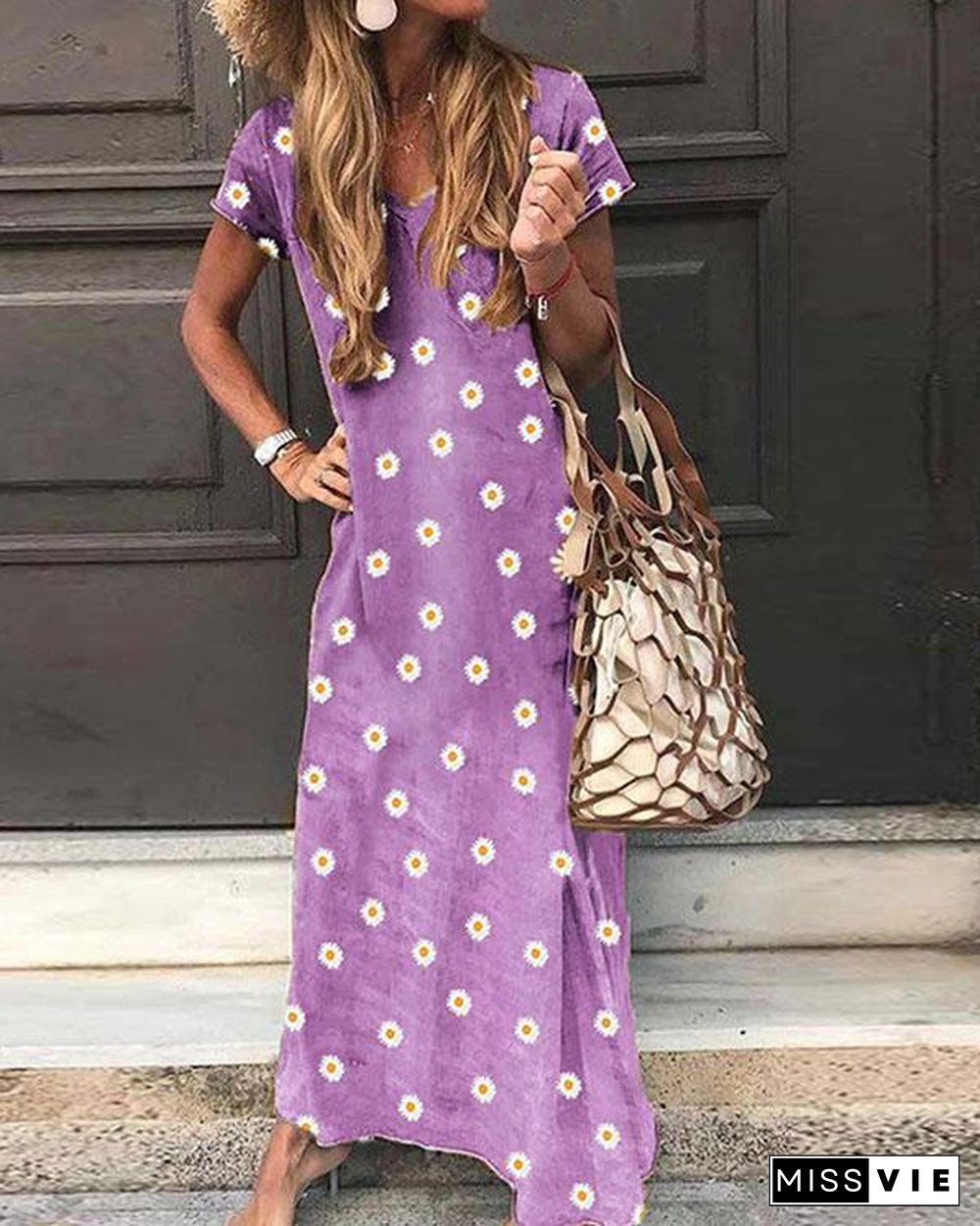 V Neck Casual Short Sleeve Flower Print Maxi Dresses