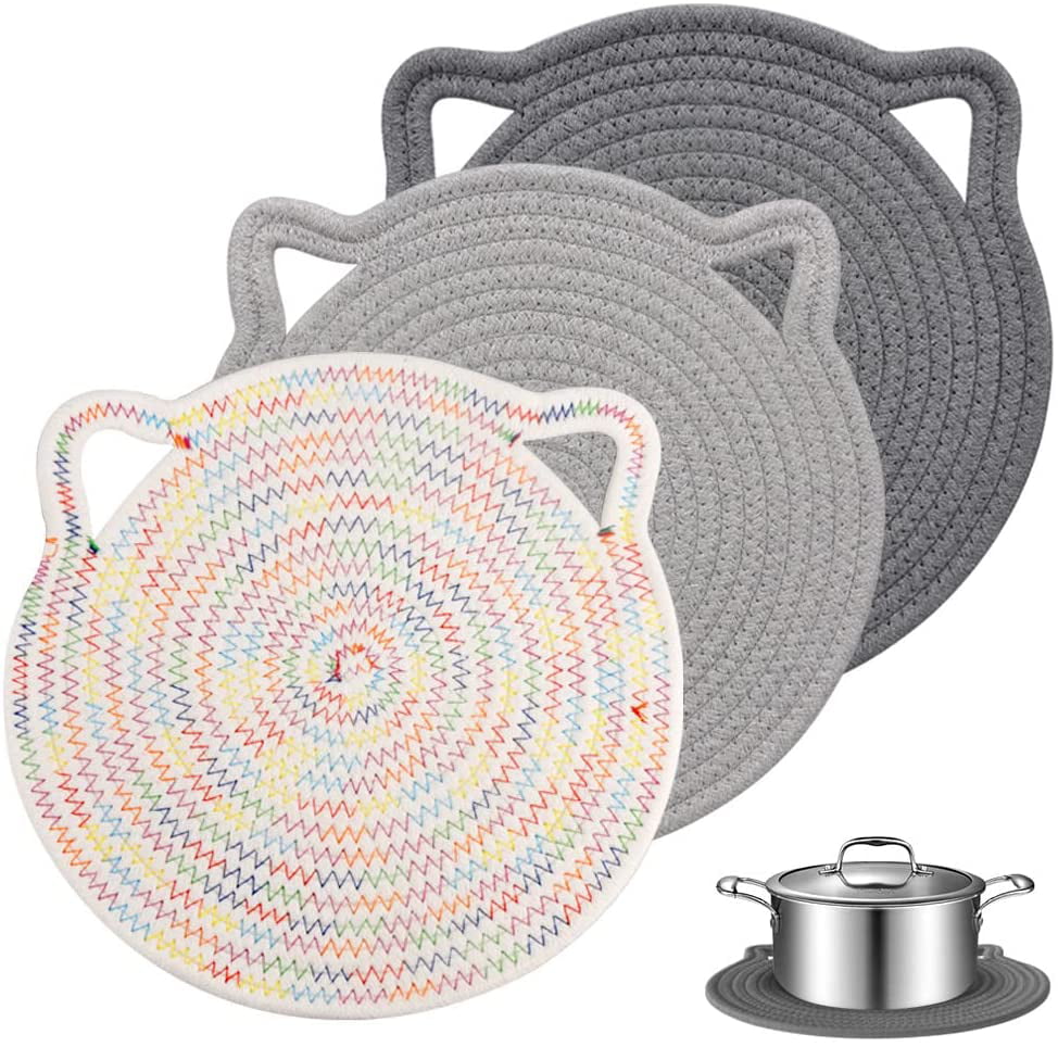 YOWELL 12 Cotton Trivets Set， 3Pcs Cute Cat Ear Large Pot Holders Woven Hot Pads Mats Thick Heat Resistant for Hot Pots and Pans Round Hot Plate Holder Washable Potholders Kitchen Gift