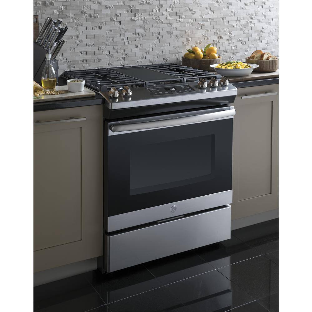 GE 30 in. 5.3 cu. ft. Slide-In Gas Range in Stainless Steel with Griddle JGSS66SELSS