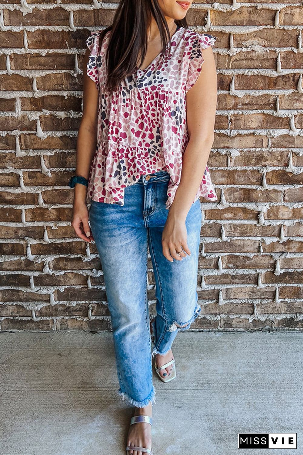 Spotted Print Ruffled V Neck Tank Top