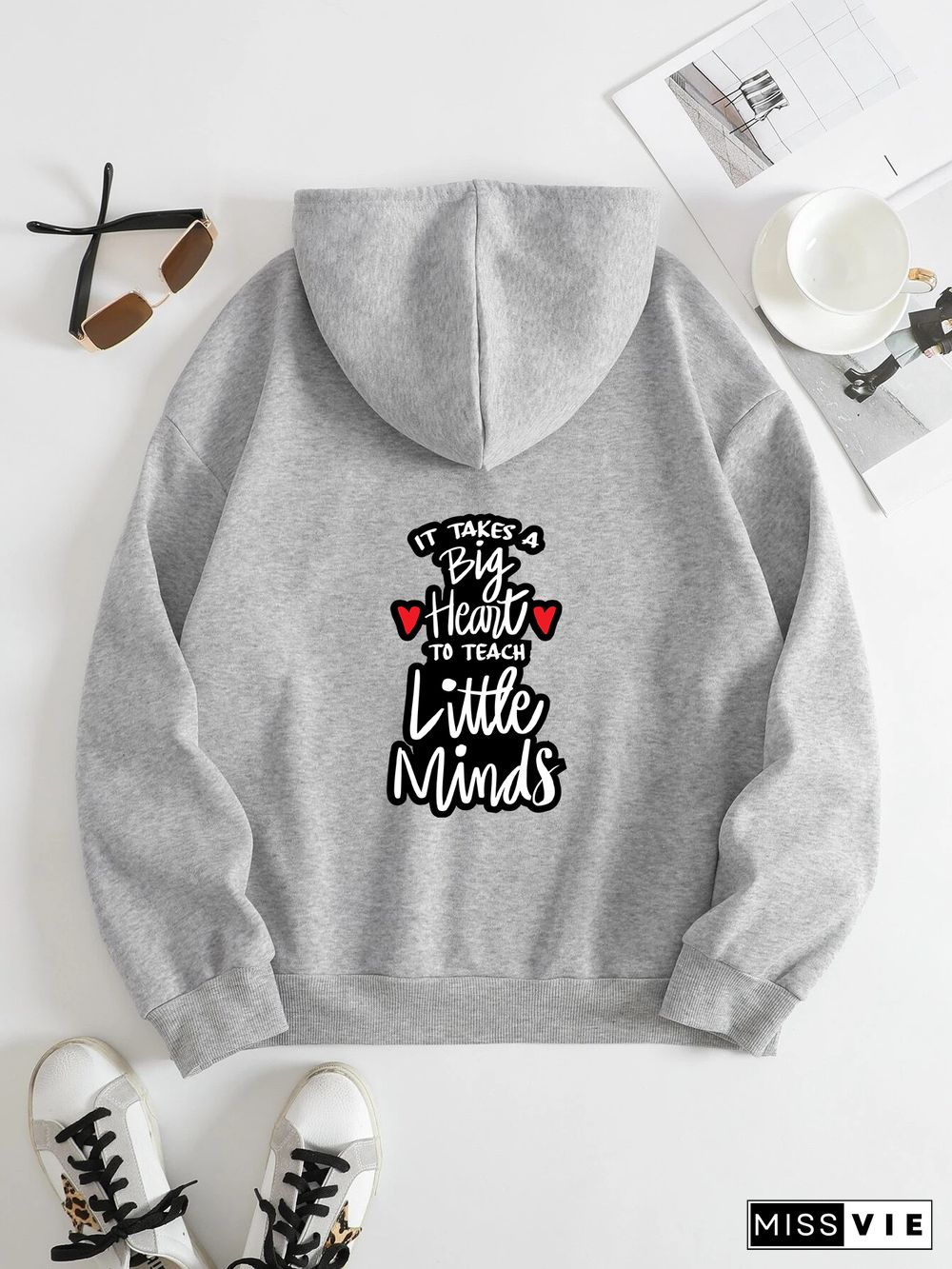 Printed on the Back Kangaroo Pocket Hoodie Long Sleeve for Women Pattern Big heart to teach