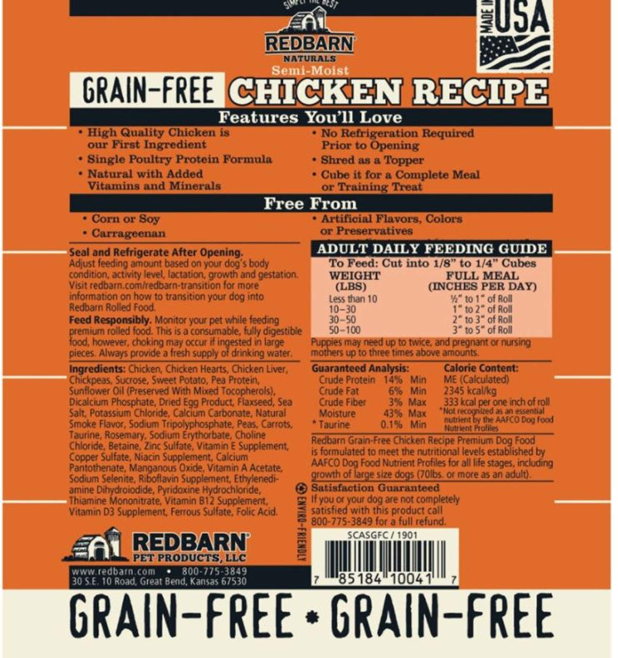 RedBarn Naturals Grain Free Chicken Rolled Dog Food， 3Lbs.