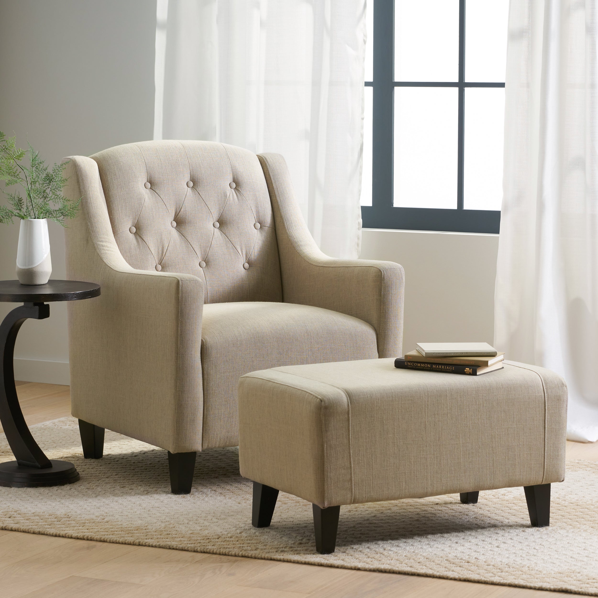 Empierre Tufted Light Beige Fabric Chair and Ottoman