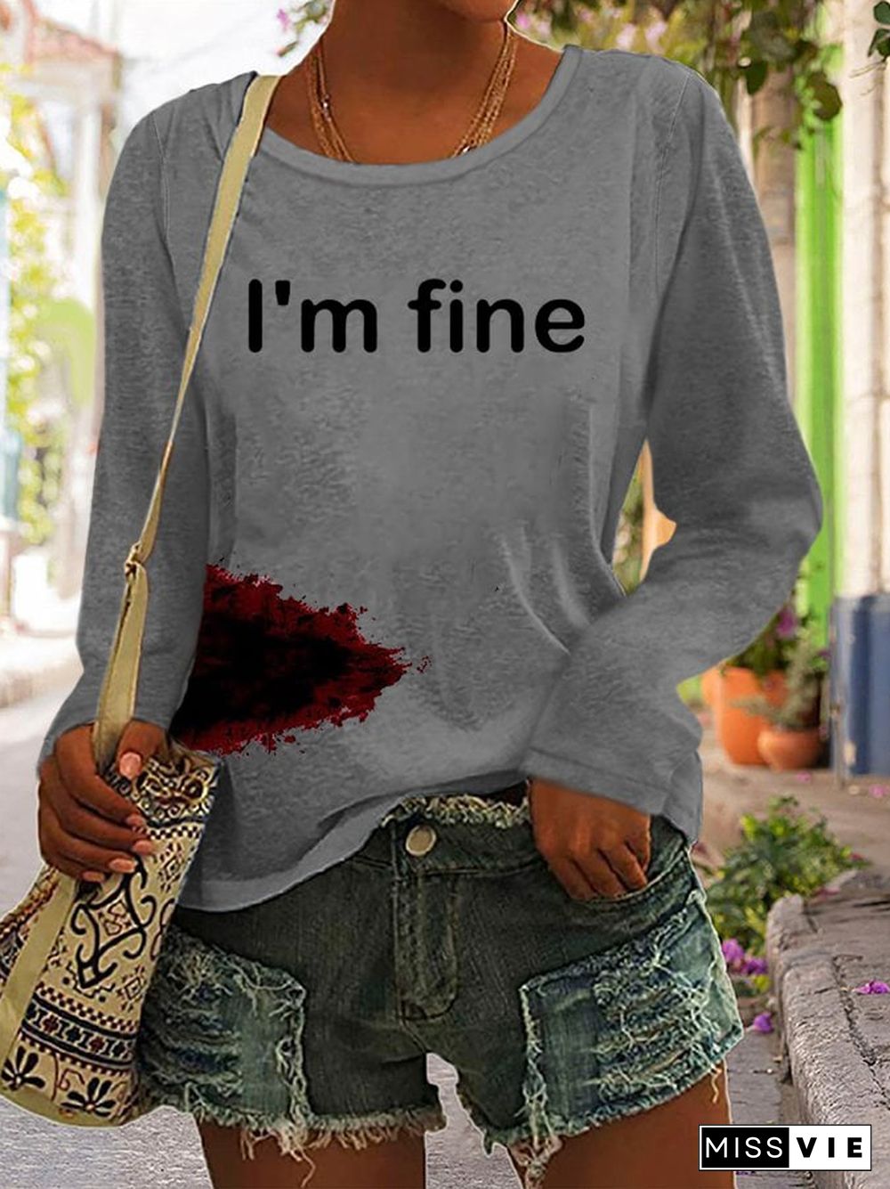 Women's Halloween Funny “I'M FINE” Bloodstained Long Sleeve T-Shirt