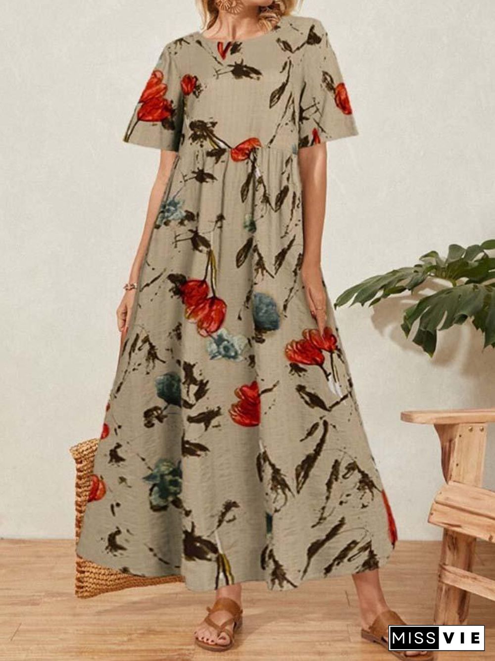 Women's Scoop Neck Short Sleeve Printed Maxi Dress