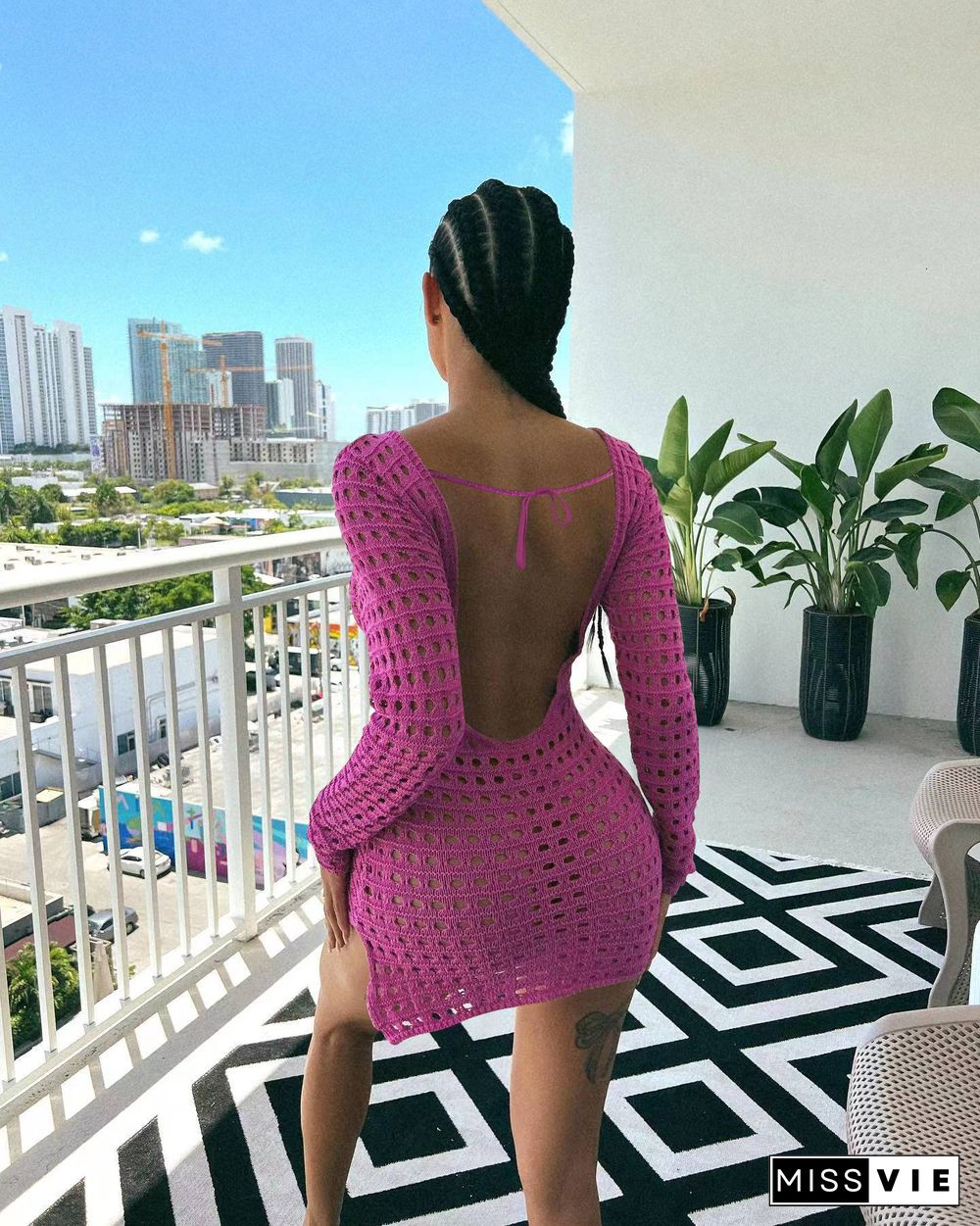 Hollow Out Backless Long Sleeve Sexy Short Dresses