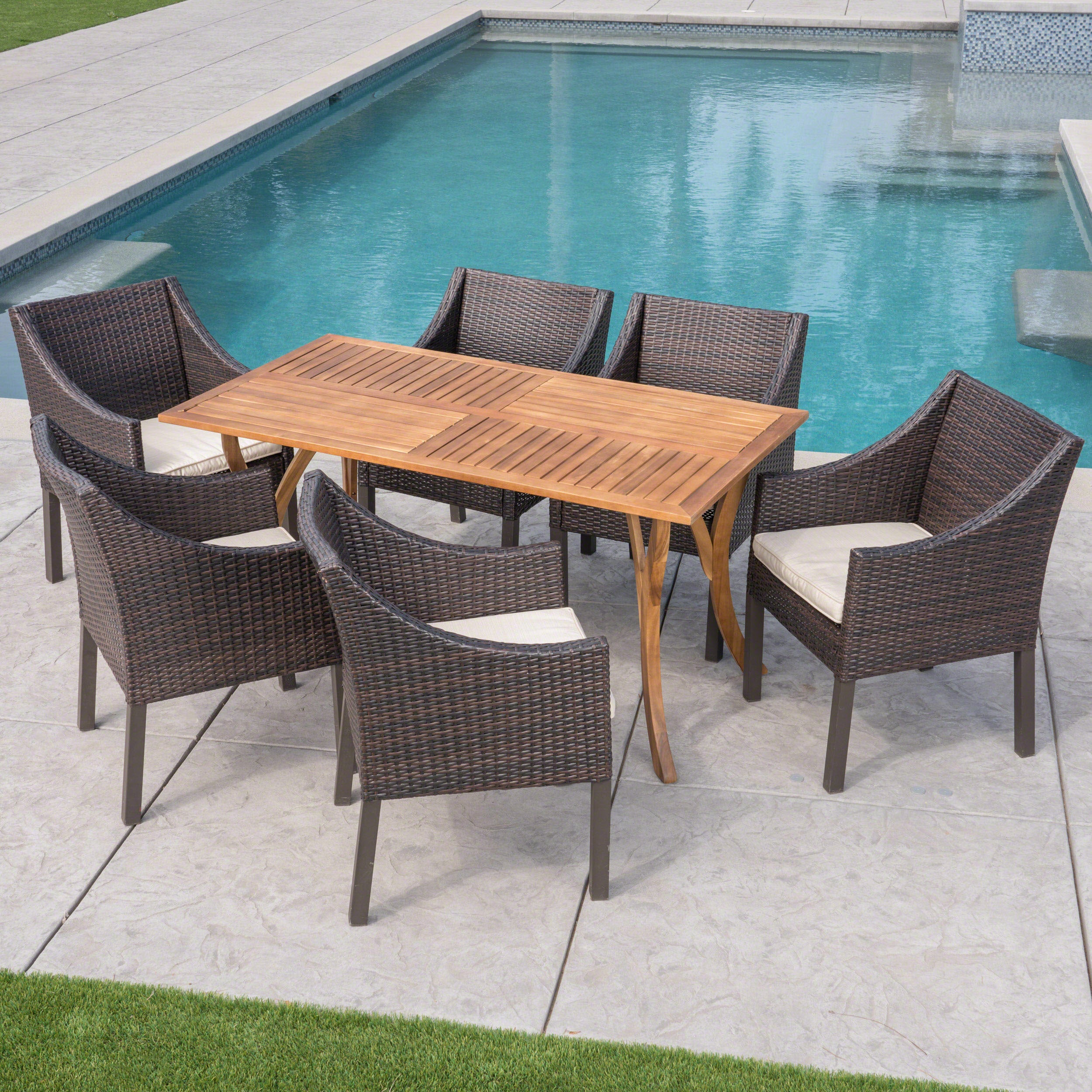 Abel Outdoor 7 Piece Acacia Wood/ Wicker Dining Set with Cushions, Teak Finish and Multibrown with Beige