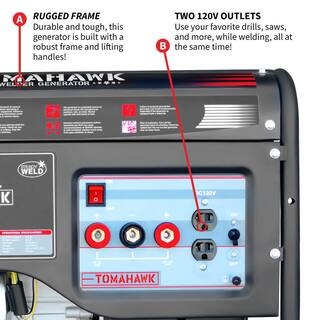 Tomahawk Power 120 Amp DC Multi Process MMA Stick Welder Generator w 7 HP 2200-Watt Inverter Engine Driven Welder and Wheel Kit TWG120A