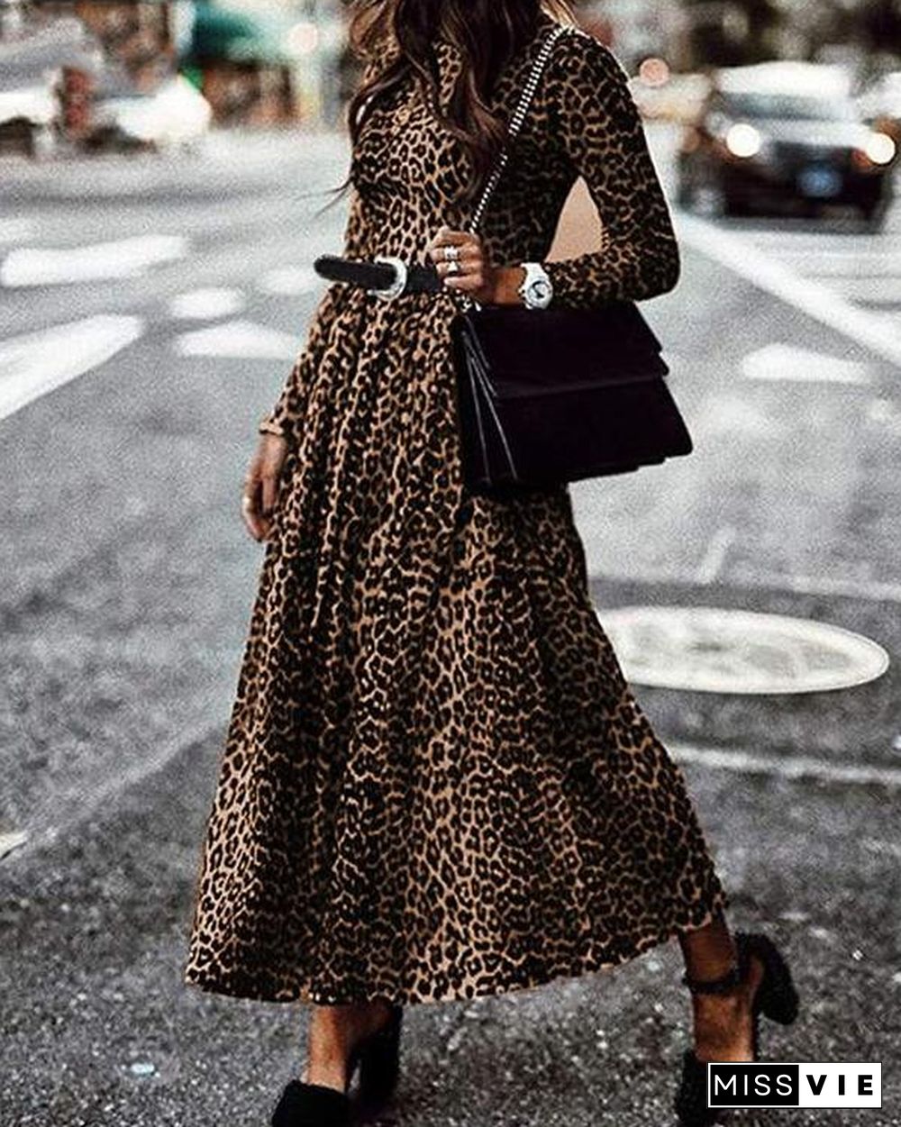 Holiday Leopard Print Crew Neck Dresses