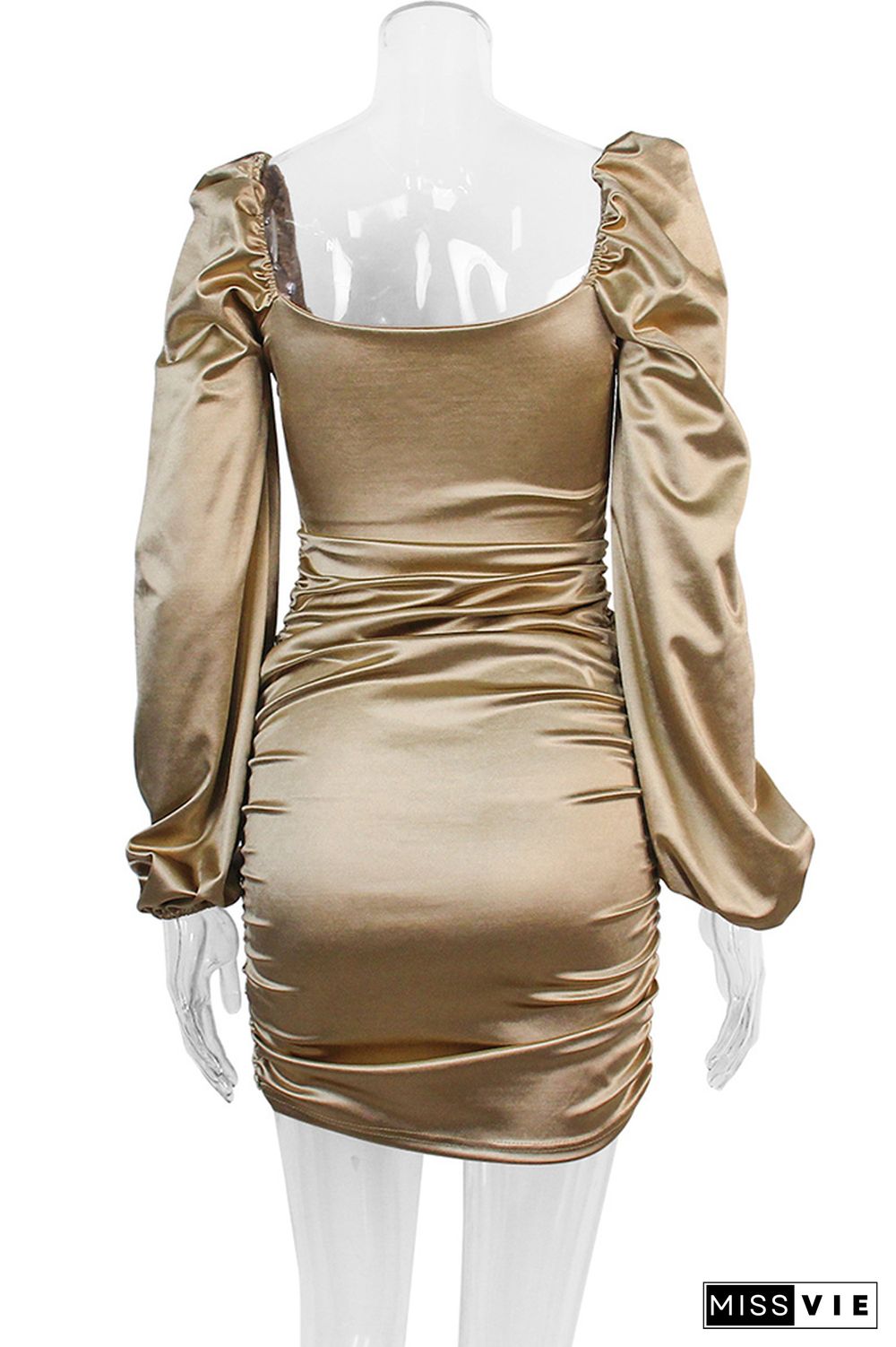 Gold Puffy Sleeves Ruched Bodycon Dress