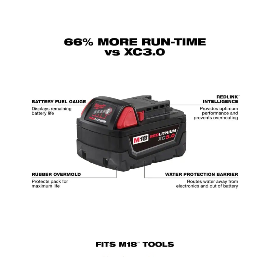 Milwaukee 48-11-1850 M18 18-Volt 5.0 Ah Lithium-Ion XC Extended Capacity Battery Pack