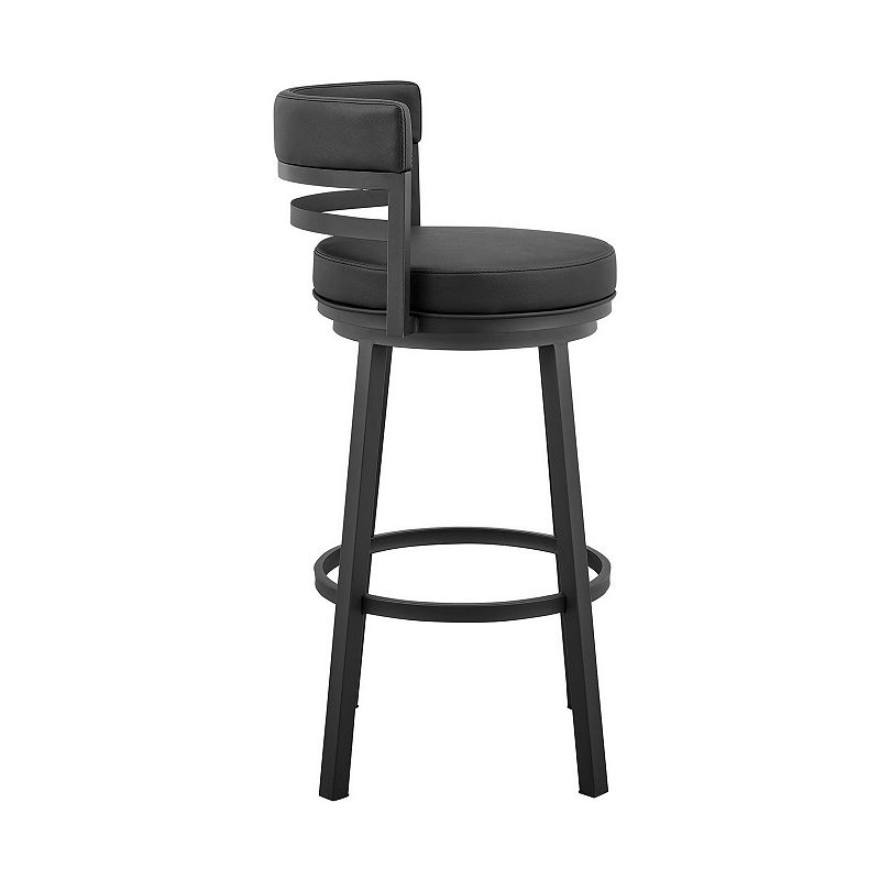 Maxi 30 Inch Modern Swivel Bar Stool， Round Footrest， Faux Leather， Black