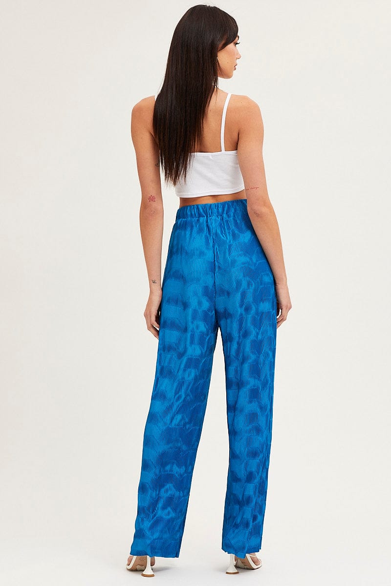 Blue Plisse Pants Wide Leg High Rise