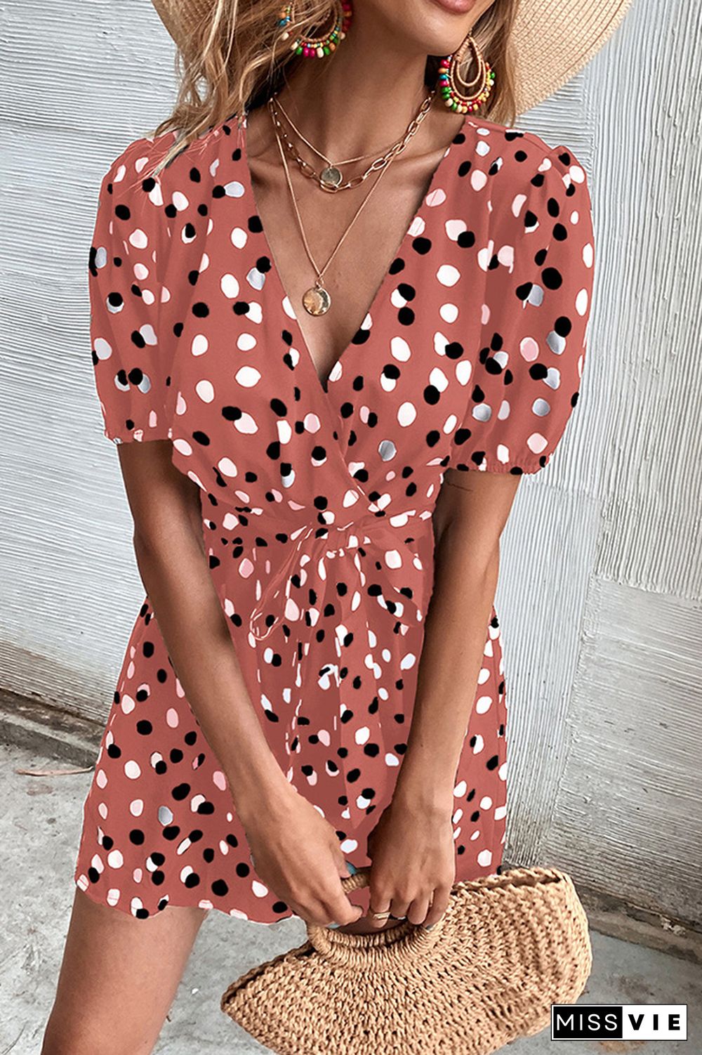 Wrap V Neck Spot Print Romper With Sash