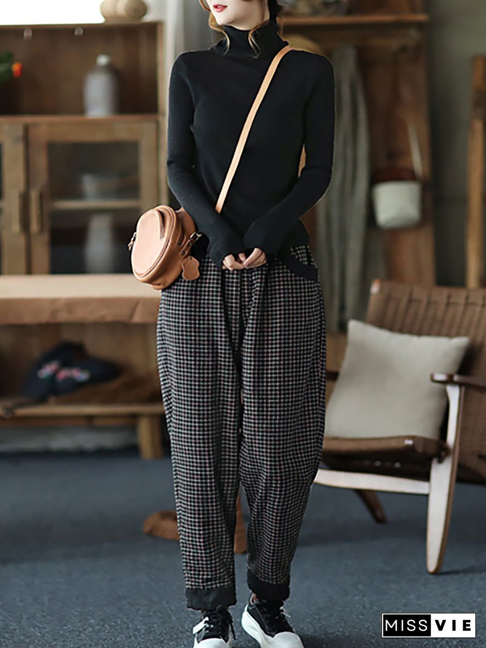 Plus Size Women Cotton Linen Plaid Elastic Waist Pants