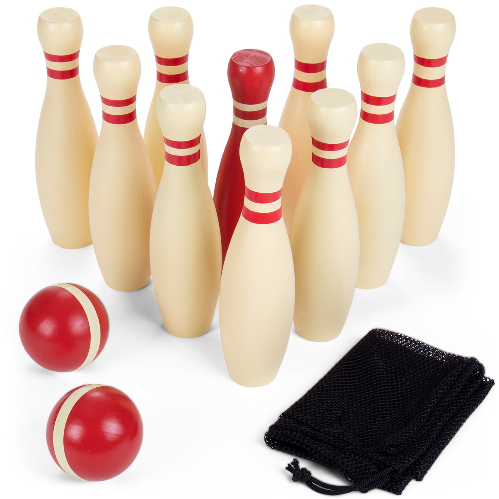 Brybelly Wooden Lawn Bowling Set | Classic Outdoor Lawn Game for Families and Children | Great for Birthday Parties， Picnics， BBQs， and More | Comes with 10 Pins， Two Wooden Balls， and Carry Bag