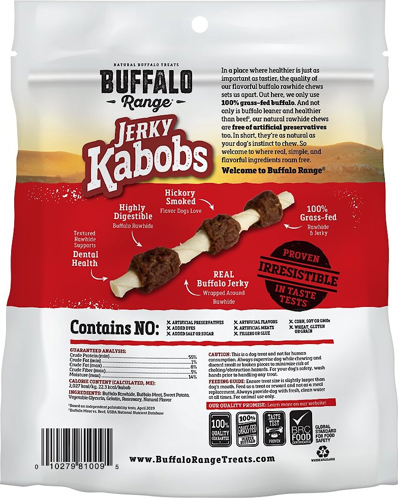 Buffalo Range All Natural Grain-Free Jerky Kabob Rawhide Dog Treats， 18 count