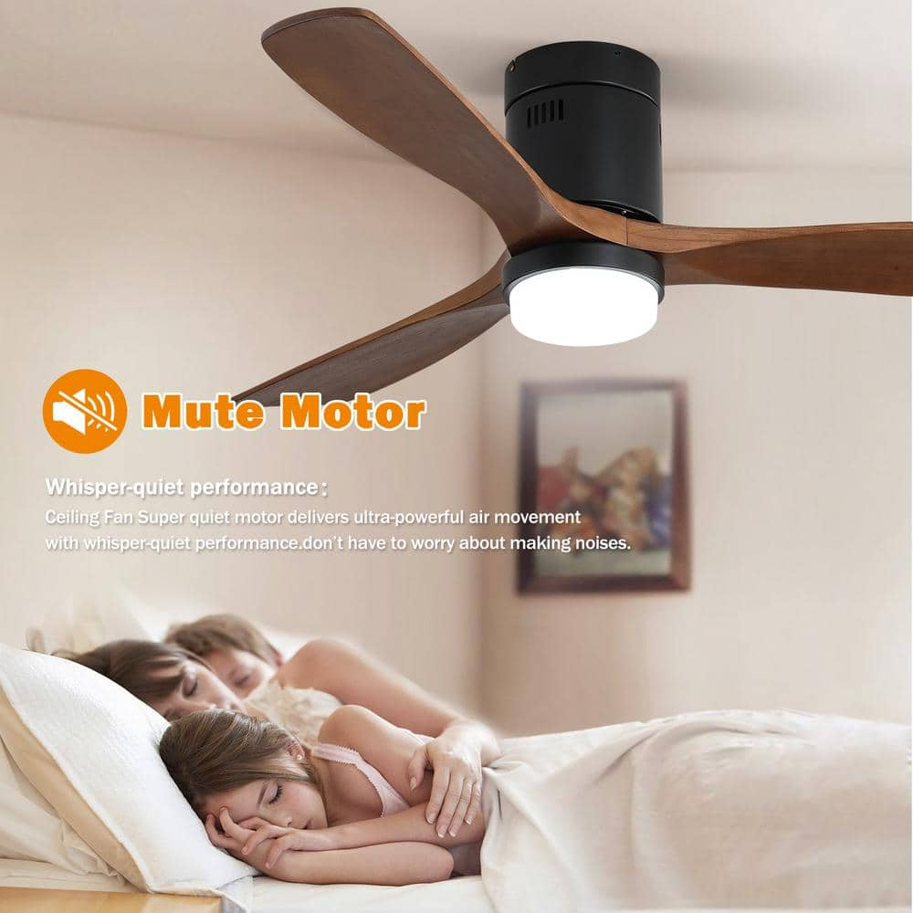 Sofucor 52 in. LED IndoorOutdoor Flush Mount Smart Matte Black Ceiling Fan with Wood Blades 6-Speed DC Remote Control ZSKBKN220209010