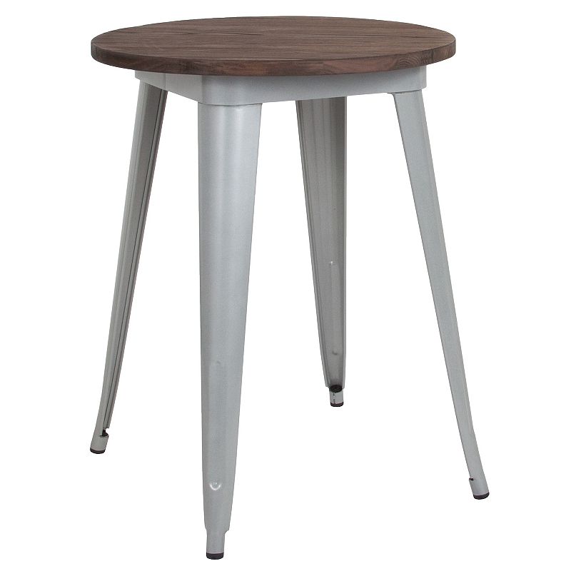 Merrick Lane 24 Round Metal Indoor Table with Black Galvanized Steel Frame and Walnut Rustic Wood Top