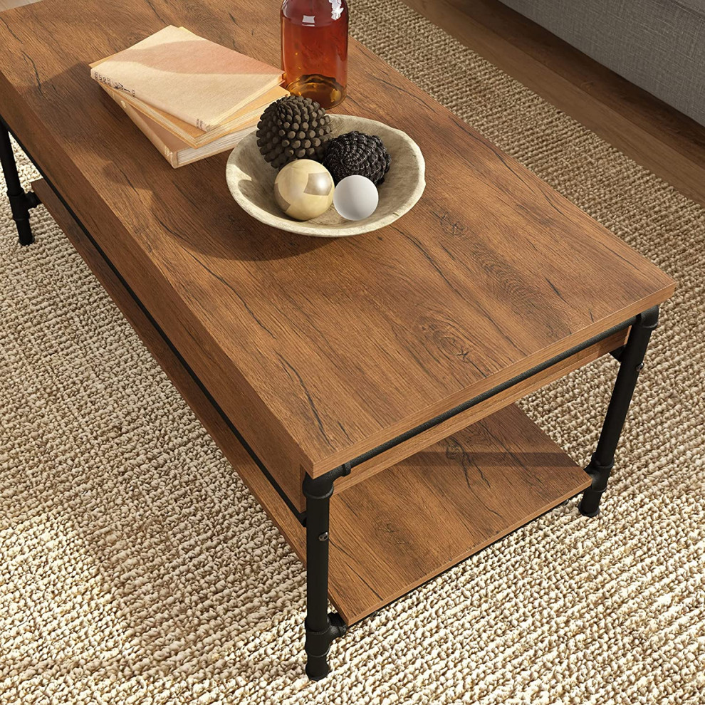 Industrial Coffee Table  Pipe Style Metal Frame  ampLift Up Top  Black/Checked Oak   Industrial   Coffee Tables   by Decor Love  Houzz