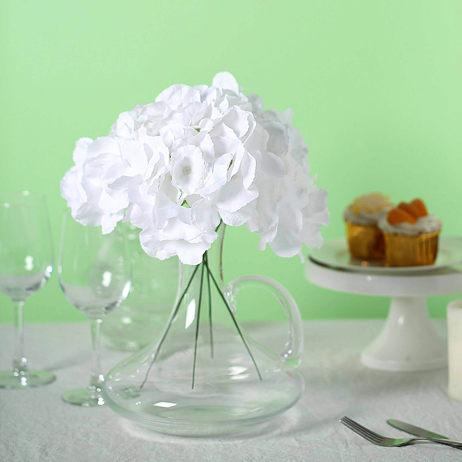 10 Flower Head and Stems White Artificial Satin Hydrangeas, DIY Arrangement