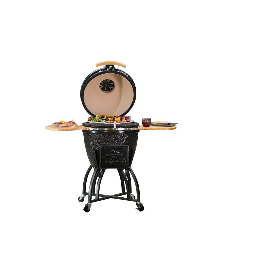 Vision Grills 22 in. Kamado S-Series Ceramic Charcoal Grill in Black with Cover, Cart, Side Shelves, Two Cooking Grates and Ash Drawer S-4C1D1